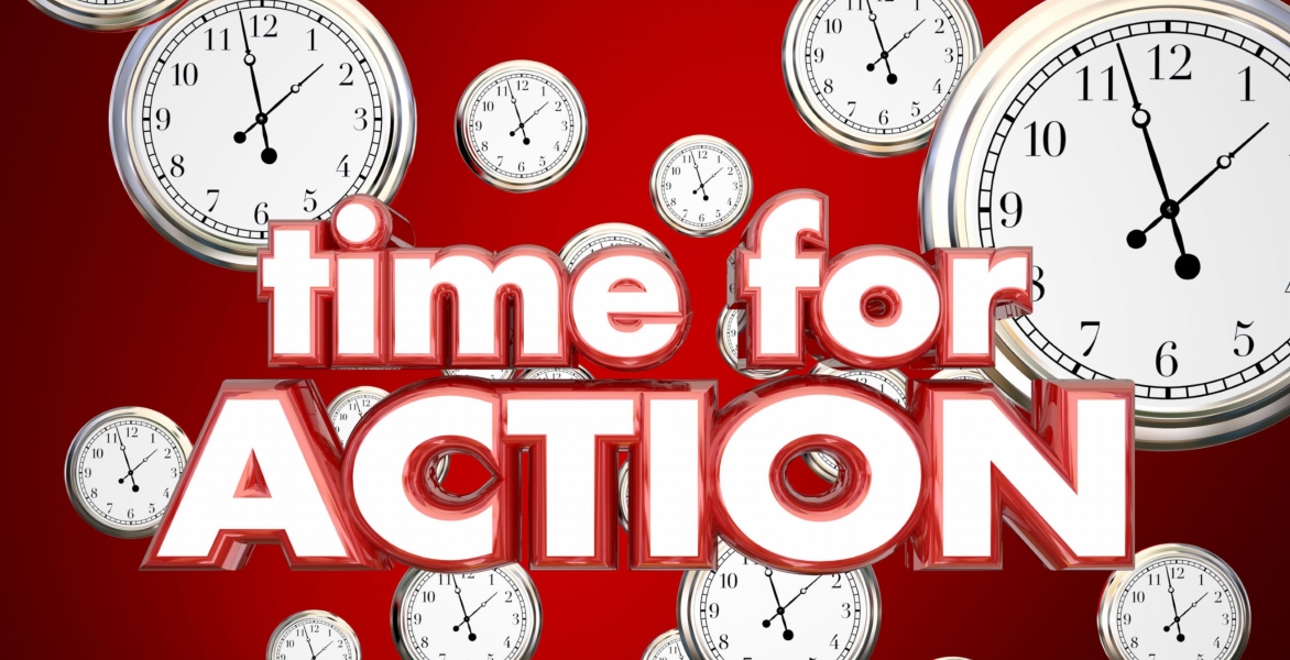 time for ACTION with floating clocks over a red background